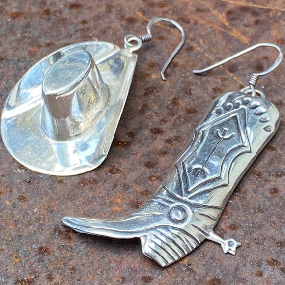 Jewelry - Signed-Sterling Silver Cowboy Hat & Boot Dangle Earrings Native American Western